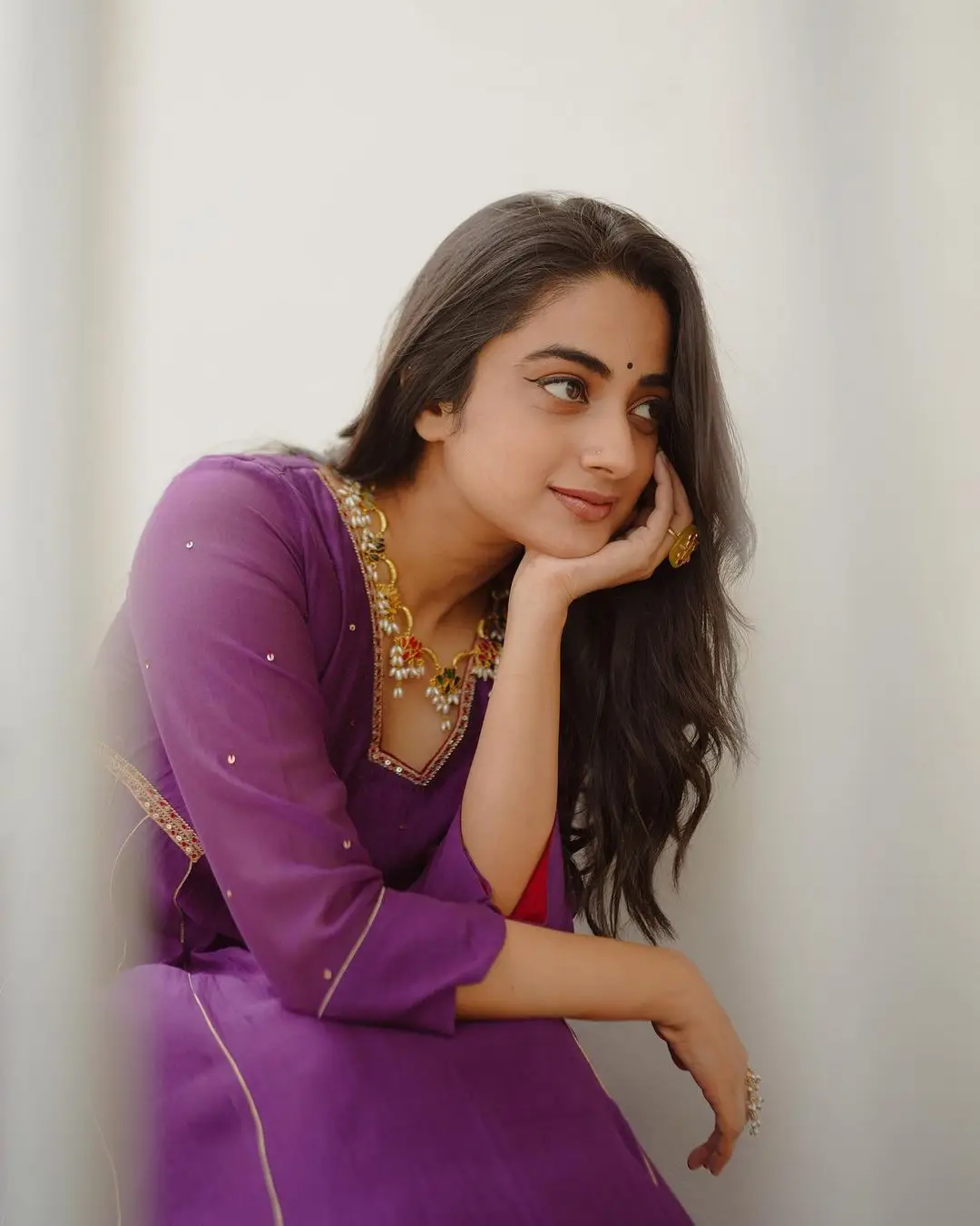 Namitha Pramod Wearing Beautiful Earring Jewellery Violet Dress